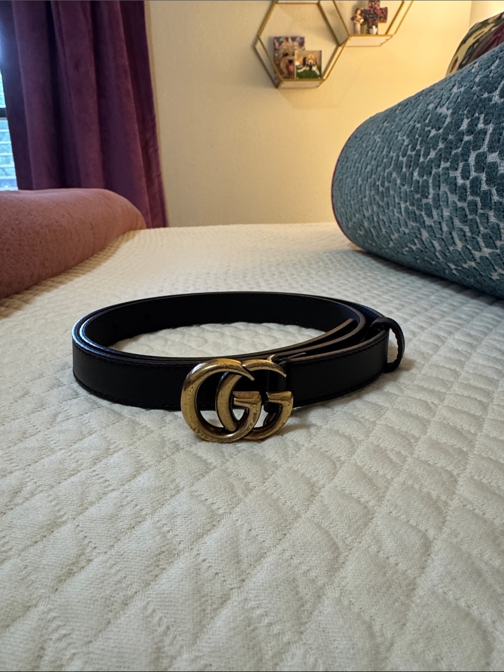 Gucci Black Leather Belt with Antique Gold Double G Buckle